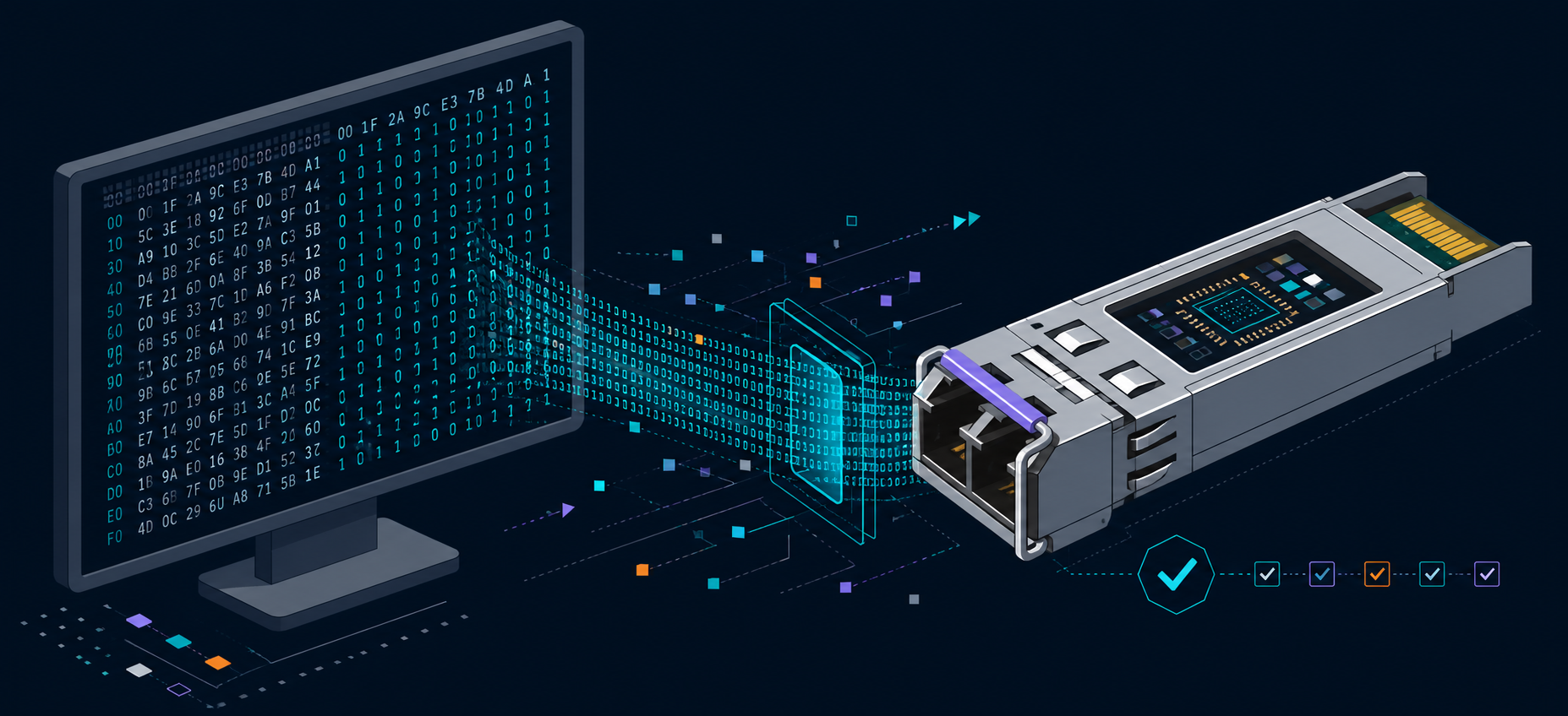 Поток проверяемых байтов направляется в SFP-трансивер